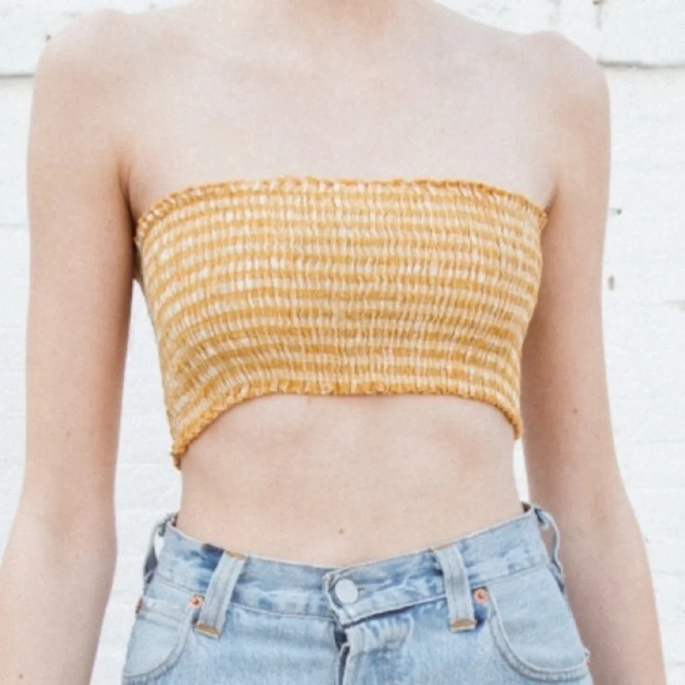 Brandy Melville Yellow/Orange & White Gingham Cropped Tube Top - Picture 1 of 4